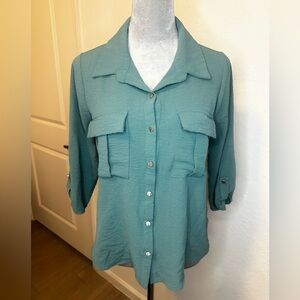 Naïf Teal Button Front Utility Blouse Roll Tab Sleeve Size M